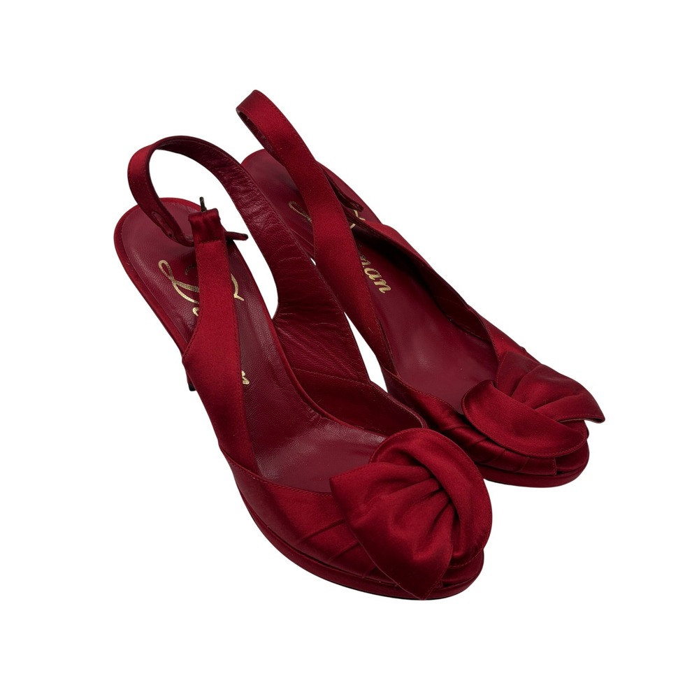 Delman Red Satin Peep Toe Slingback Buckle Platform Pumps High Heels Womens 7.5